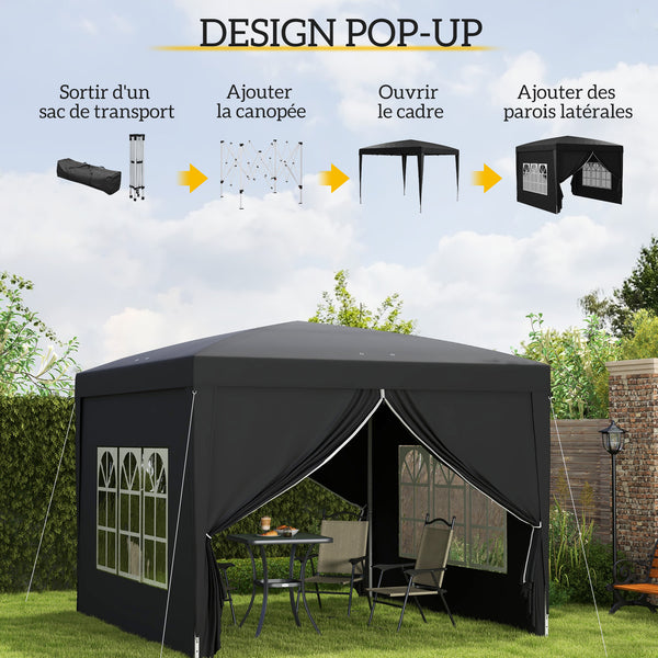Tonnelle de jardin extérieure tente de réception barnum pop-up pliant 3 x 3 m 4 parois amovibles + sac de transport noir