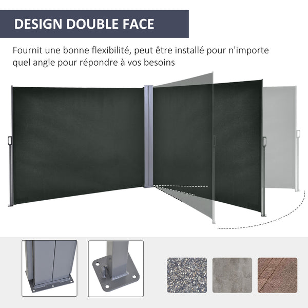 Double Store latéral Brise-Vue paravent rétractable dim. 6L x 1,80H m Polyester Anti-UV Haute densité 180 g/m² Gris