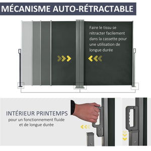 Double Store latéral Brise-Vue paravent rétractable dim. 6L x 1,80H m Polyester Anti-UV Haute densité 180 g/m² Gris
