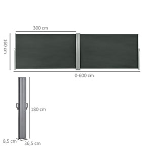 Double Store latéral Brise-Vue paravent rétractable dim. 6L x 1,80H m Polyester Anti-UV Haute densité 180 g/m² Gris