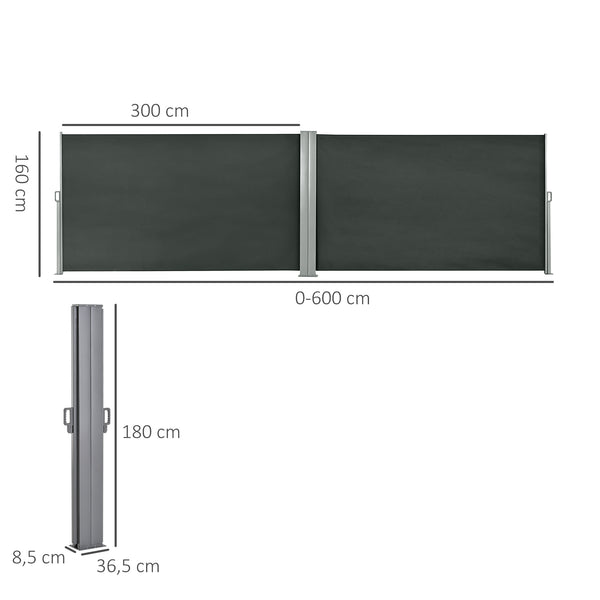 Double Store latéral Brise-Vue paravent rétractable dim. 6L x 1,80H m Polyester Anti-UV Haute densité 180 g/m² Gris