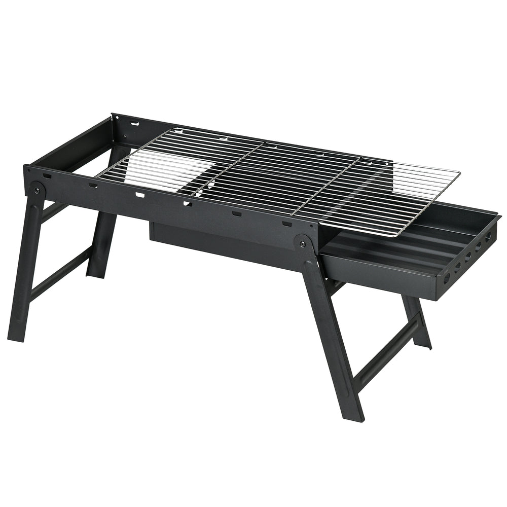 Barbecue au charbon de bois pliable portable BBQ grill sur pieds avec bassin à charbon extractible 74L x 30l x 37H cm, noir