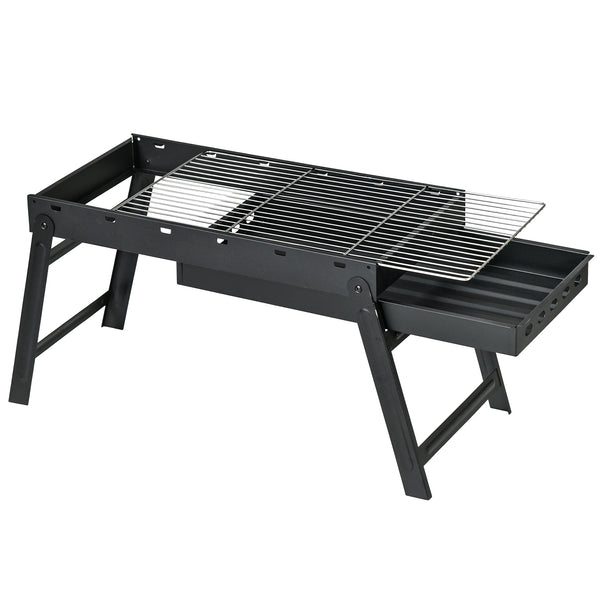 Barbecue au charbon de bois pliable portable BBQ grill sur pieds avec bassin à charbon extractible 74L x 30l x 37H cm, noir