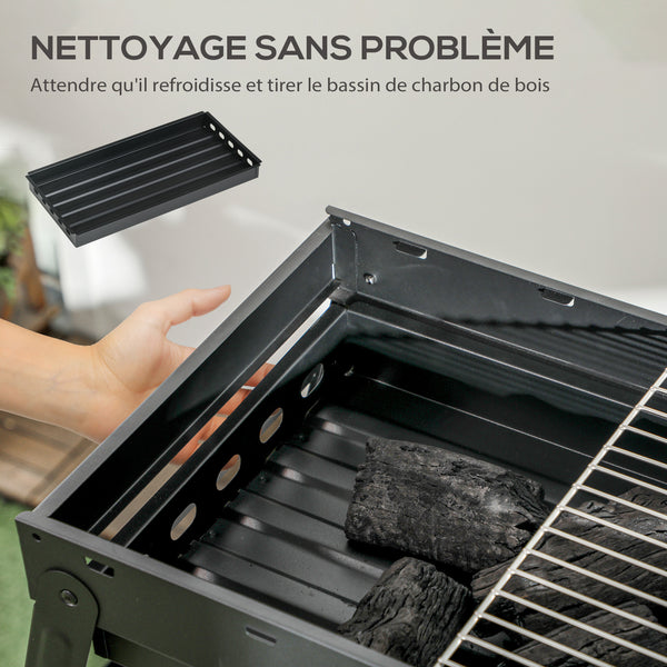 Barbecue au charbon de bois pliable portable BBQ grill sur pieds avec bassin à charbon extractible 74L x 30l x 37H cm, noir