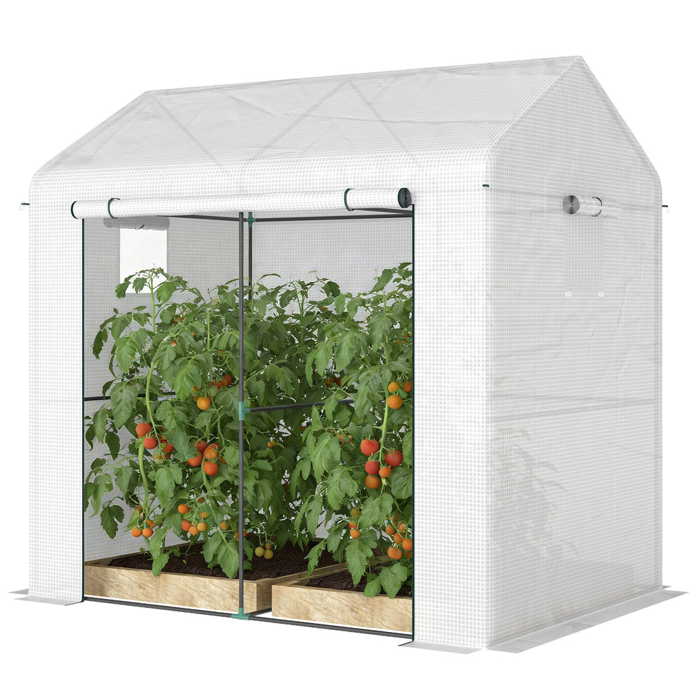 Serre de jardin PE, serre de balcon, bâche renforcée 135 g/m², châssis en acier, porte zippée enroulable, pour légumes plantes fleurs, intérieur et extérieur, 200 x 140 x 200 cm, blanc
