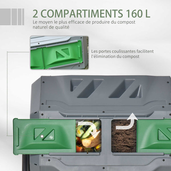 Composteur de Jardin - bac à Compost pour déchets - Rotatif 360° - Double Chambre 160 L - Acier PP Gris