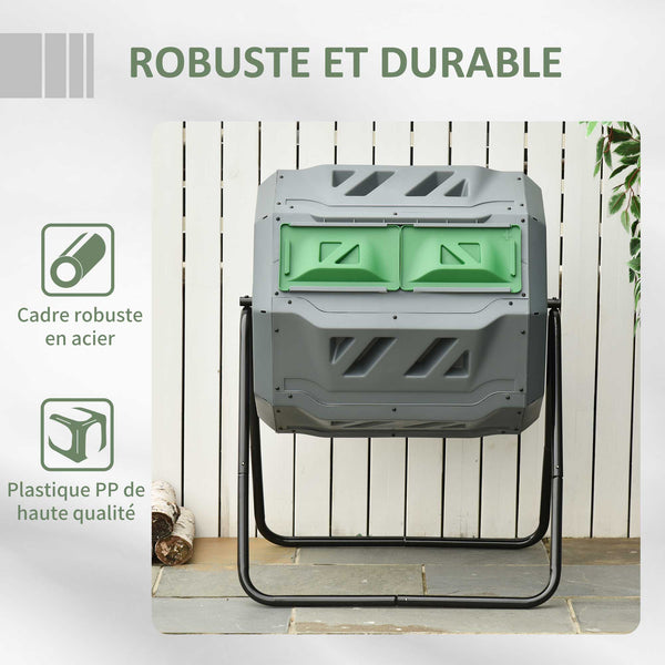 Composteur de Jardin - bac à Compost pour déchets - Rotatif 360° - Double Chambre 160 L - Acier PP Gris