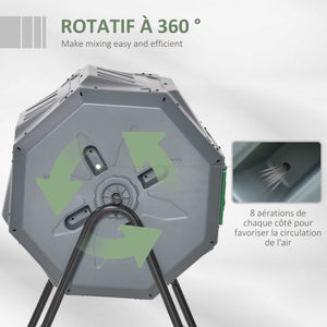 Composteur de Jardin - bac à Compost pour déchets - Rotatif 360° - Double Chambre 160 L - Acier PP Gris