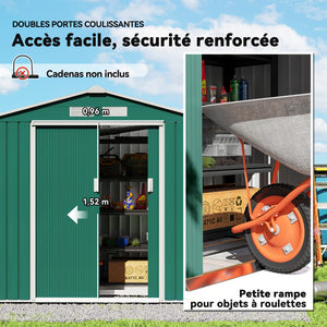 Abri de Jardin 2,42 m² - Remise pour Outils avec Fondation - cabanon Porte verrouillable - dim. 213L x 130l x 185H cm - tôle d'acier Vert