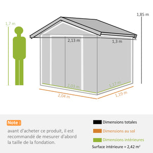 Abri de Jardin 2,42 m² - Remise pour Outils avec Fondation - cabanon Porte verrouillable - dim. 213L x 130l x 185H cm - tôle d'acier Vert
