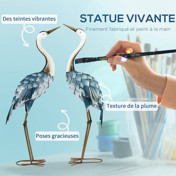 Lot de 2 statues de jardin sculpture de la grue décoration d'oiseau extérieure en acier pour terrasse balcon cour pelouse 72,5 à 74 cm