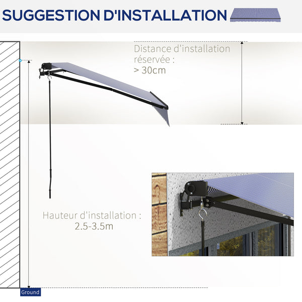 Store banne manuel rétractable 3 x 2,5 m store pour balcon inclinaison réglable manivelle cadre en aluminium polyester Anti-UV bleu et blanc