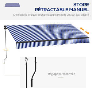 Store banne manuel rétractable 3 x 2,5 m store pour balcon inclinaison réglable manivelle cadre en aluminium polyester Anti-UV bleu et blanc