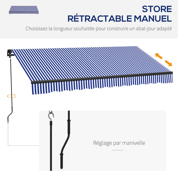 Store banne manuel rétractable 3 x 2,5 m store pour balcon inclinaison réglable manivelle cadre en aluminium polyester Anti-UV bleu et blanc