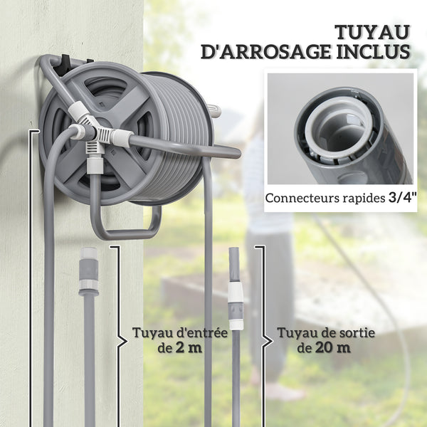Dévidoir enrouleur de tuyau d'arrosage avec 20m et tuyau d'entrée de 2m, buse de pulvérisation réglable 2 en 1, à fixer au mur ou à poser