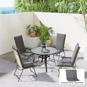 Lot de 4 coussins de chaise d'extérieur galette de chaise à dossier haut attaches et bande réglable tissu teint en fil anti-décoloration UPF50+ pour jardin terrasse balcon 124x50x5cm gris