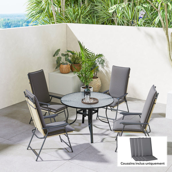 Lot de 4 coussins de chaise d'extérieur galette de chaise à dossier haut attaches et bande réglable tissu teint en fil anti-décoloration UPF50+ pour jardin terrasse balcon 124x50x5cm gris