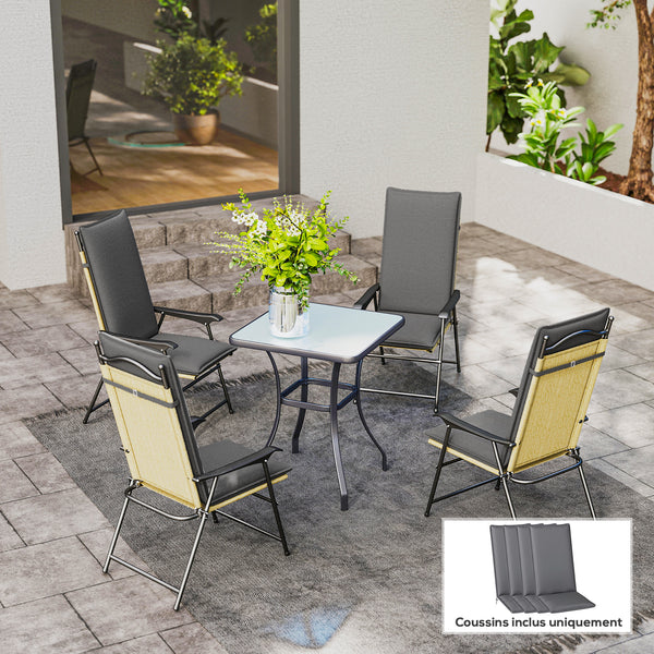Lot de 4 coussins de chaise d'extérieur galette de chaise à dossier haut attaches et bande réglable tissu teint en fil anti-décoloration UPF50+ pour jardin terrasse balcon 124x50x5cm gris