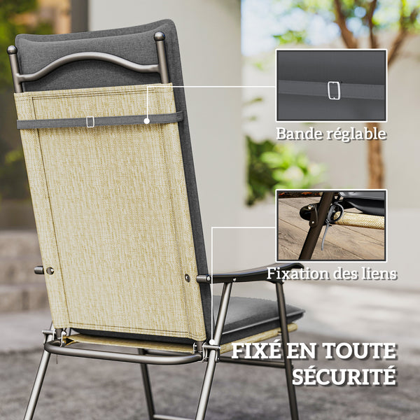 Lot de 4 coussins de chaise d'extérieur galette de chaise à dossier haut attaches et bande réglable tissu teint en fil anti-décoloration UPF50+ pour jardin terrasse balcon 124x50x5cm gris