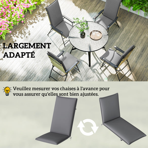 Lot de 4 coussins de chaise d'extérieur galette de chaise à dossier haut attaches et bande réglable tissu teint en fil anti-décoloration UPF50+ pour jardin terrasse balcon 124x50x5cm gris