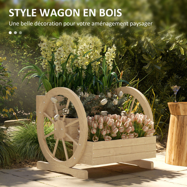 Jardinière sur Pieds carré Potager 3 étages Style Rustique Chic avec 2 roues Charrette Bois Sapin, trous de drainage, dim. 62L x 61l x 57H cm Bois naturel