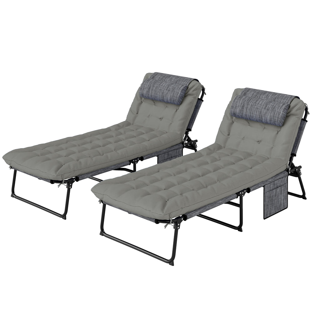 Lot de 2 transats bains de soleil pliable avec dossier inclinable 4 positions - appui-tête et Matelas épais ultra confortable - tissu textilène et acier, gris