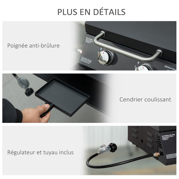 Barbecue gaz de Table transportable Pieds Pliables - 2 brûleurs 5 KW - Barbecue gaz de Camping - Grille de Cuisson, réceptacle Graisse, thermomètre - Acier de Qualité Alimentaire Noir
