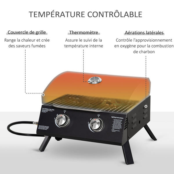 Barbecue gaz de Table transportable Pieds Pliables - 2 brûleurs 5 KW - Barbecue gaz de Camping - Grille de Cuisson, réceptacle Graisse, thermomètre - Acier de Qualité Alimentaire Noir