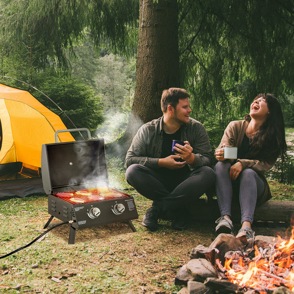 Barbecue gaz de Table transportable Pieds Pliables - 2 brûleurs 5 KW - Barbecue gaz de Camping - Grille de Cuisson, réceptacle Graisse, thermomètre - Acier de Qualité Alimentaire Noir