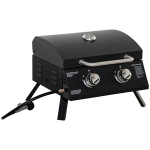 Barbecue gaz de Table transportable Pieds Pliables - 2 brûleurs 5 KW - Barbecue gaz de Camping - Grille de Cuisson, réceptacle Graisse, thermomètre - Acier de Qualité Alimentaire Noir