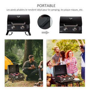 Barbecue gaz de Table transportable Pieds Pliables - 2 brûleurs 5 KW - Barbecue gaz de Camping - Grille de Cuisson, réceptacle Graisse, thermomètre - Acier de Qualité Alimentaire Noir