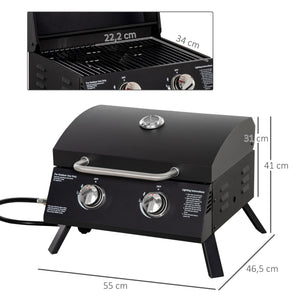 Barbecue gaz de Table transportable Pieds Pliables - 2 brûleurs 5 KW - Barbecue gaz de Camping - Grille de Cuisson, réceptacle Graisse, thermomètre - Acier de Qualité Alimentaire Noir