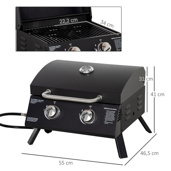 Barbecue gaz de Table transportable Pieds Pliables - 2 brûleurs 5 KW - Barbecue gaz de Camping - Grille de Cuisson, réceptacle Graisse, thermomètre - Acier de Qualité Alimentaire Noir