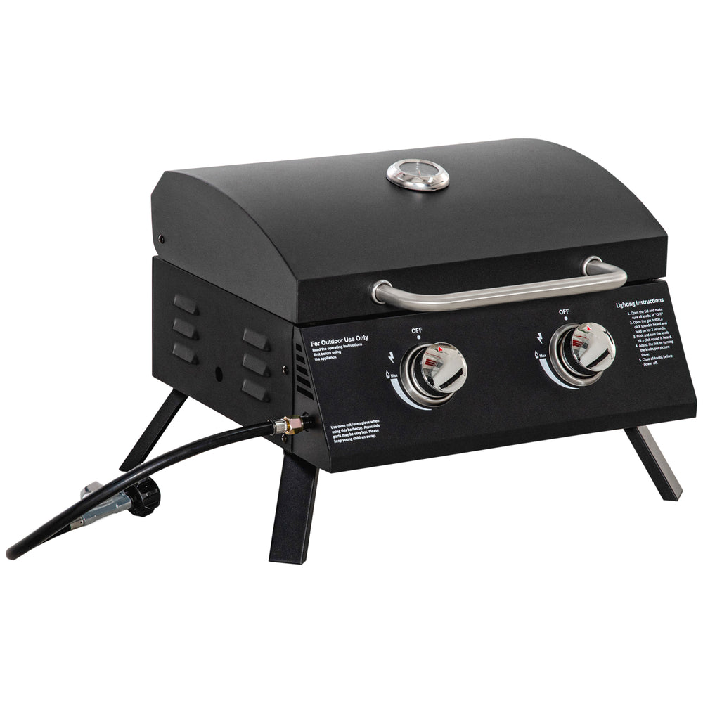 Barbecue gaz de Table transportable Pieds Pliables - 2 brûleurs 5 KW - Barbecue gaz de Camping - Grille de Cuisson, réceptacle Graisse, thermomètre - Acier de Qualité Alimentaire Noir