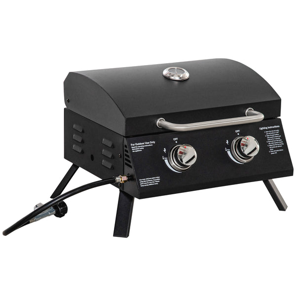 Barbecue gaz de Table transportable Pieds Pliables - 2 brûleurs 5 KW - Barbecue gaz de Camping - Grille de Cuisson, réceptacle Graisse, thermomètre - Acier de Qualité Alimentaire Noir