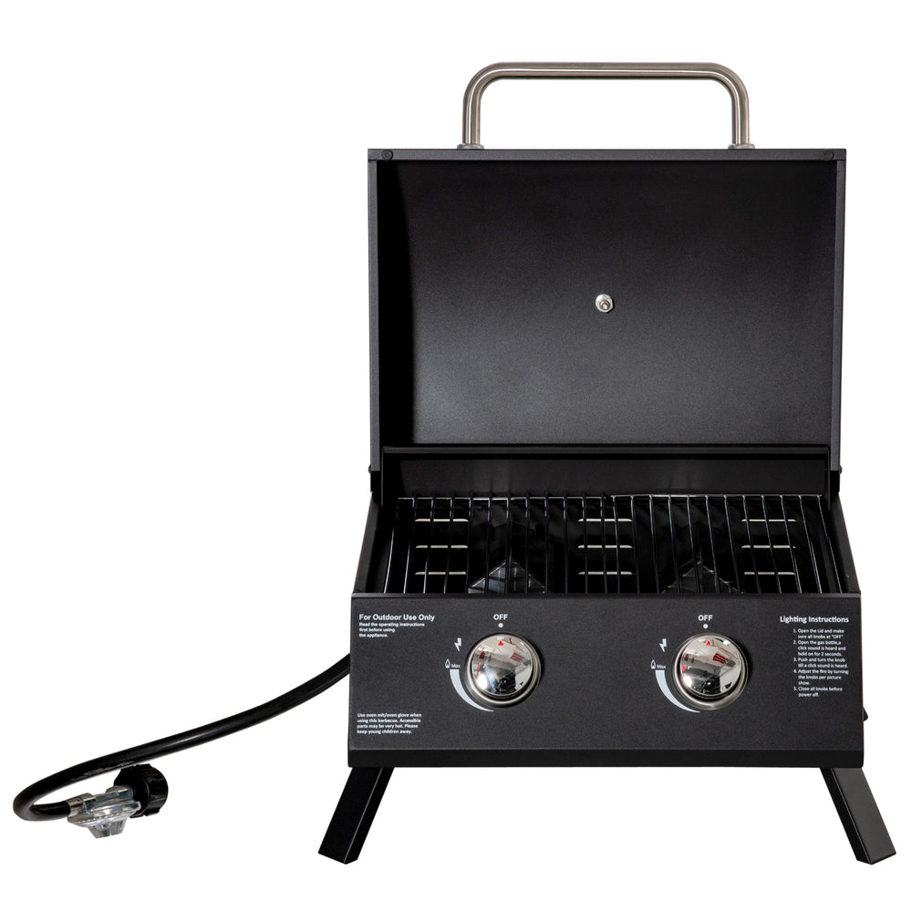Barbecue gaz de Table transportable Pieds Pliables - 2 brûleurs 5 KW - Barbecue gaz de Camping - Grille de Cuisson, réceptacle Graisse, thermomètre - Acier de Qualité Alimentaire Noir