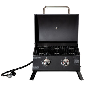 Barbecue gaz de Table transportable Pieds Pliables - 2 brûleurs 5 KW - Barbecue gaz de Camping - Grille de Cuisson, réceptacle Graisse, thermomètre - Acier de Qualité Alimentaire Noir