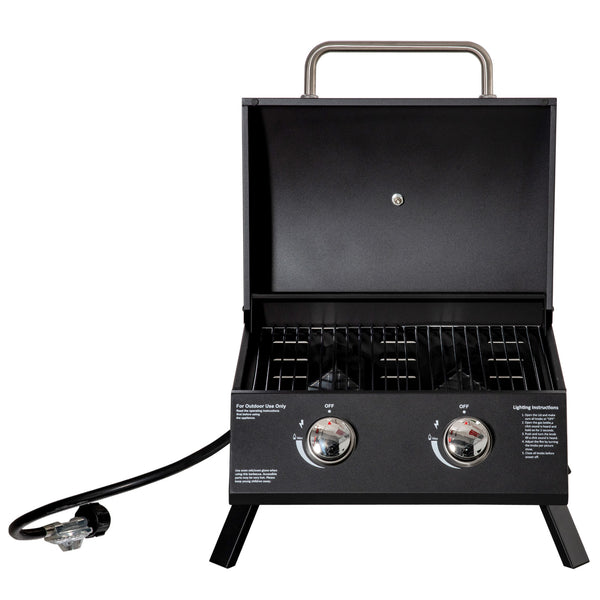 Barbecue gaz de Table transportable Pieds Pliables - 2 brûleurs 5 KW - Barbecue gaz de Camping - Grille de Cuisson, réceptacle Graisse, thermomètre - Acier de Qualité Alimentaire Noir