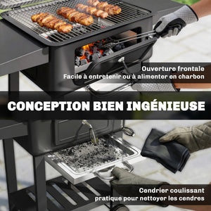 Barbecue charbon de bois avec bac à charbon réglable, chariot grill de jardin fumoir avec grille de maintien au chaud, tablettes latérales, cheminée, aérations, roues et thermomètre, noir