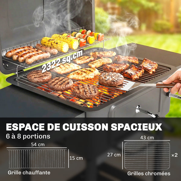 Barbecue charbon de bois avec bac à charbon réglable, chariot grill de jardin fumoir avec grille de maintien au chaud, tablettes latérales, cheminée, aérations, roues et thermomètre, noir