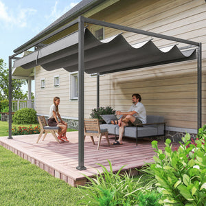 Pergola coulissante pergola rétractable 4 x 3 m structure métal époxy anticorrosion toile polyester haute densité 180 g/m² incluse gris foncé