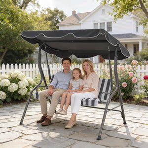 Balancelle de Jardin 3 Places Toit imperméabilisé Inclinaison réglable Coussins Assise Dossier 1,7L x 1,1l x 1,53H m Acier Polyester gris blanc rayé