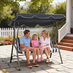 Balancelle de Jardin 3 Places Toit imperméabilisé Inclinaison réglable Coussins Assise Dossier 1,7L x 1,1l x 1,53H m Acier Polyester gris blanc rayé