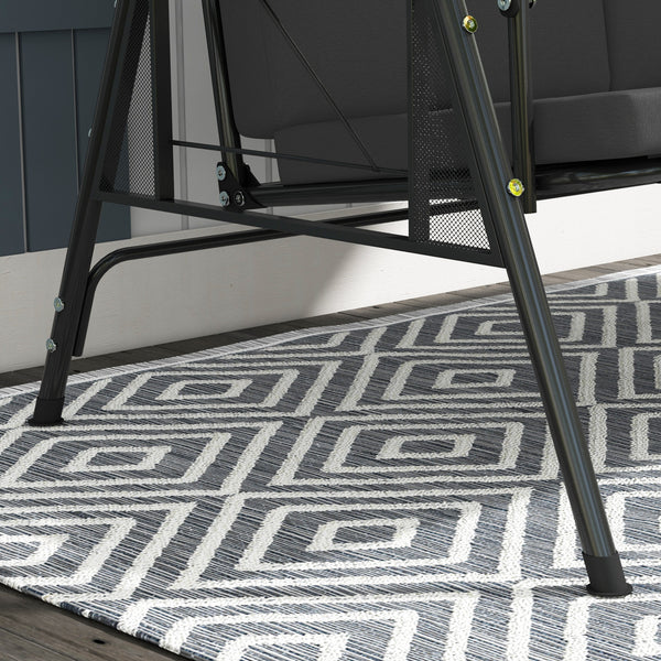 Balancelle de jardin 3 places grand confort inclinaison toit réglable, 2 tablettes latérales, coussins, acier polyester gris foncé