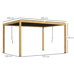 Pergola bioclimatique en aluminium 3 x 4 m pergola jardin extérieur avec lames orientables manivelle, style contemporain - noir et naturel effet grain de bois
