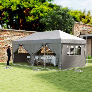 Tonnelle de jardin exterieur tonnelle pliante 3 x 6 m pop-up avec 6 parois latérales, trous de drainage, sac de transport inclus, barnum pliant pour camping festival mariage, gris