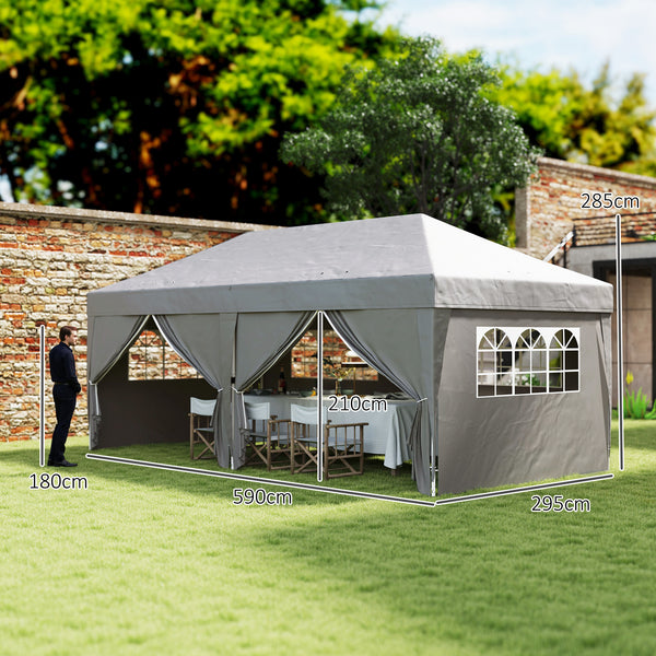 Tonnelle de jardin exterieur tonnelle pliante 3 x 6 m pop-up avec 6 parois latérales, trous de drainage, sac de transport inclus, barnum pliant pour camping festival mariage, gris