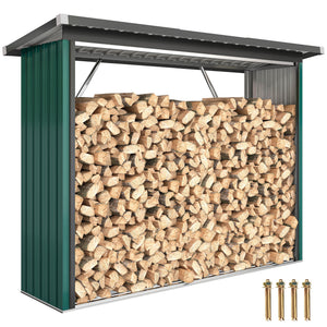 Abri-bûches Couvert en Acier Galvanisé, Support pour Bois de Chauffage Robuste, Montage Rapide, Étagère à Bûches Extérieur Plancher Surélevé Toit Incliné, 213x66,5x150cm, Vert