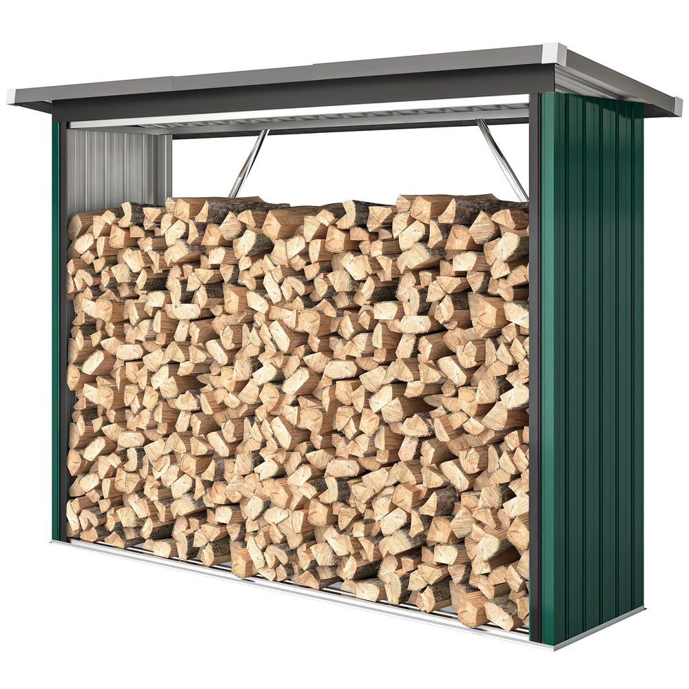 Abri-bûches Couvert en Acier Galvanisé, Support pour Bois de Chauffage Robuste, Montage Rapide, Étagère à Bûches Extérieur Plancher Surélevé Toit Incliné, 213x66,5x150cm, Vert