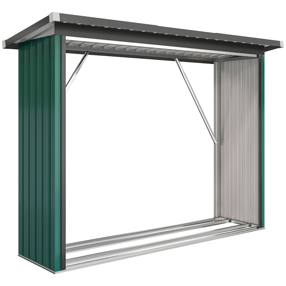 Abri-bûches Couvert en Acier Galvanisé, Support pour Bois de Chauffage Robuste, Montage Rapide, Étagère à Bûches Extérieur Plancher Surélevé Toit Incliné, 213x66,5x150cm, Vert